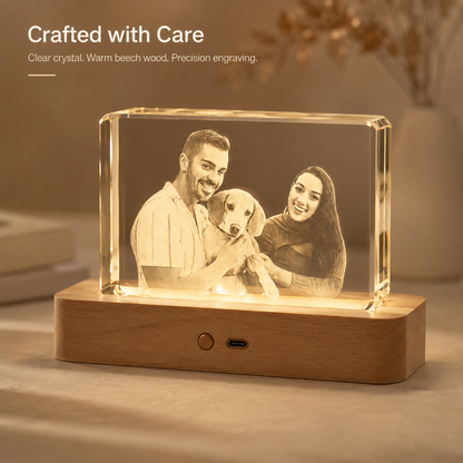 Custom 3D Crystal Pet Photo Memorial with LED Wood Base