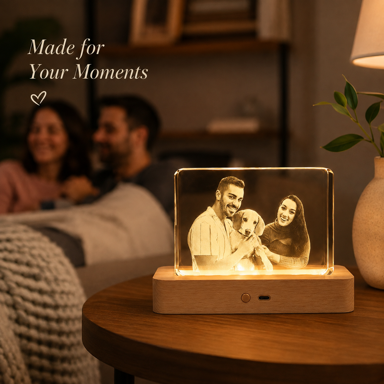 Custom 3D Crystal Pet Photo Memorial with LED Wood Base
