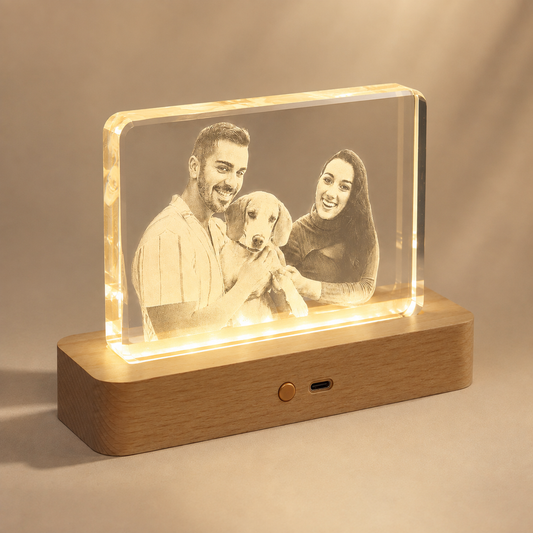 Custom 3D Crystal Pet Photo Memorial with LED Wood Base