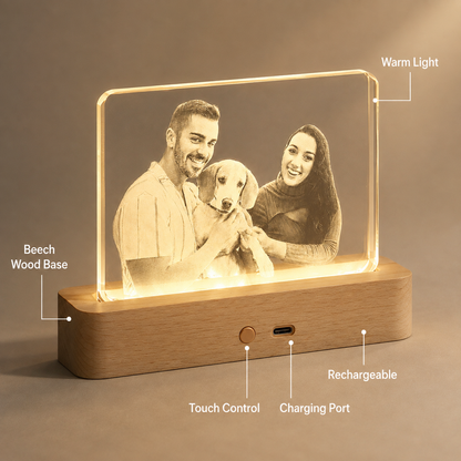 Custom 3D Crystal Pet Photo Memorial with LED Wood Base