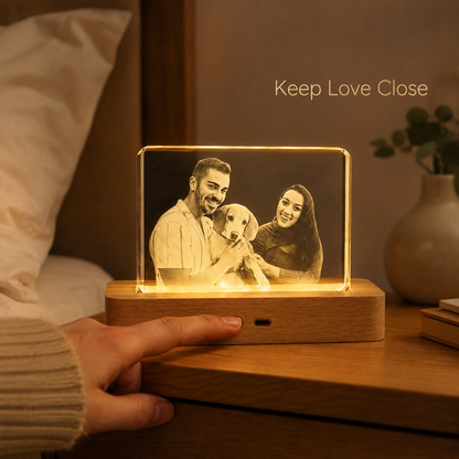 Custom 3D Crystal Pet Photo Memorial with LED Wood Base