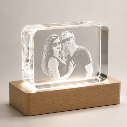 Personalized 3D Crystal Photo Keepsake with LED Beech Wood Base