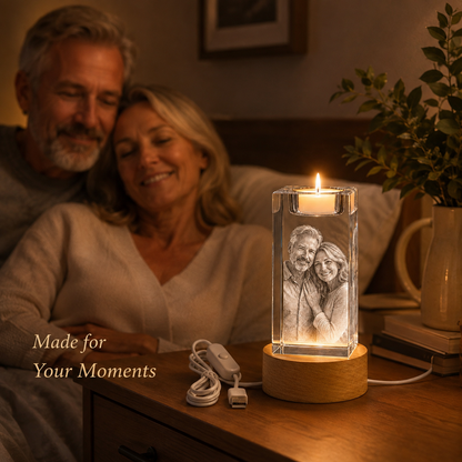 Personalized 3D Crystal Photo Candle Holder with Wood Base