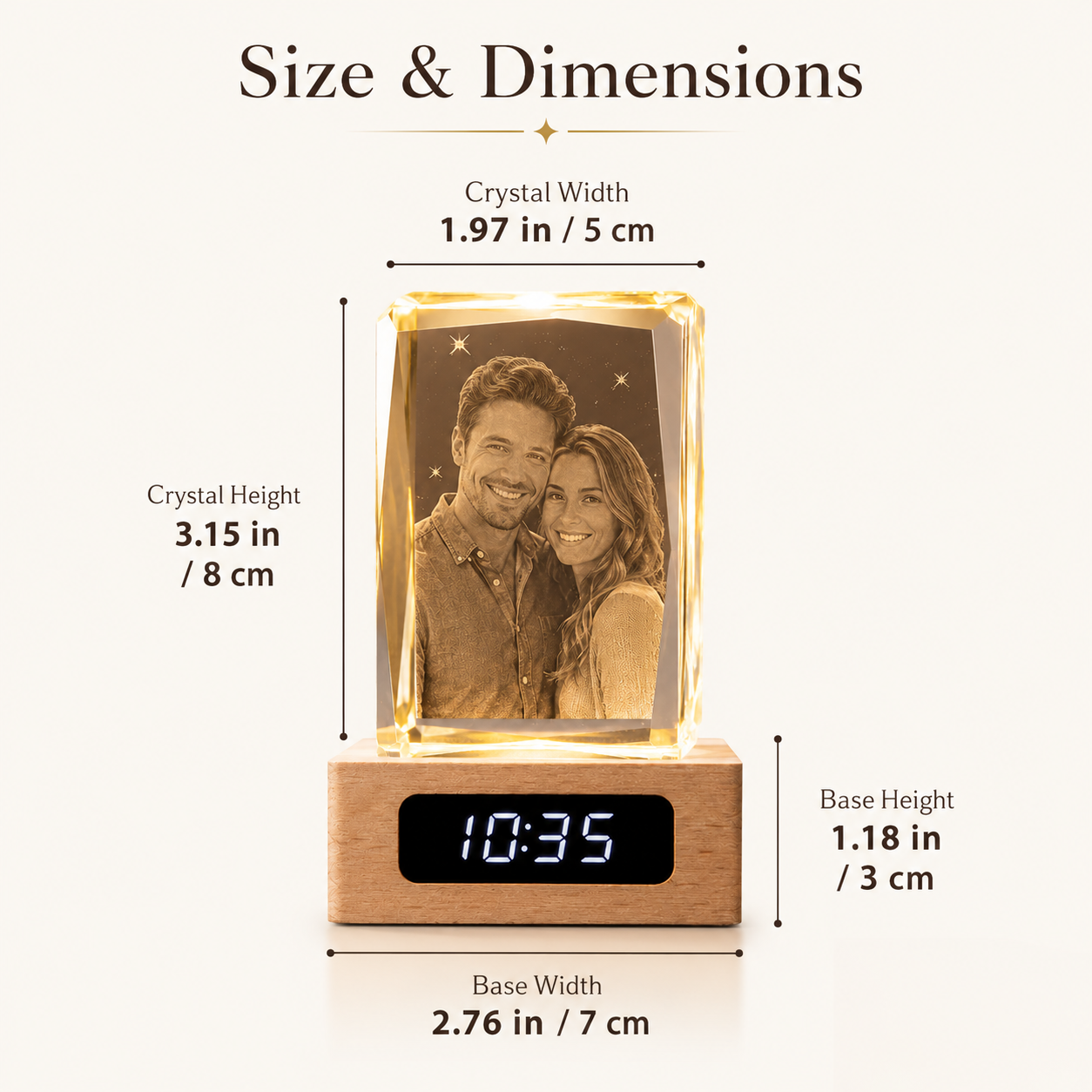 Personalized 3D Crystal Couple Photo Clock with Wood Base