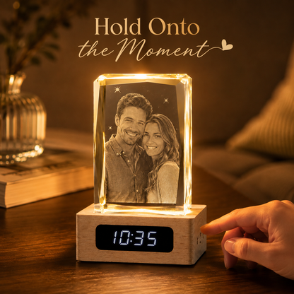 Personalized 3D Crystal Couple Photo Clock with Wood Base