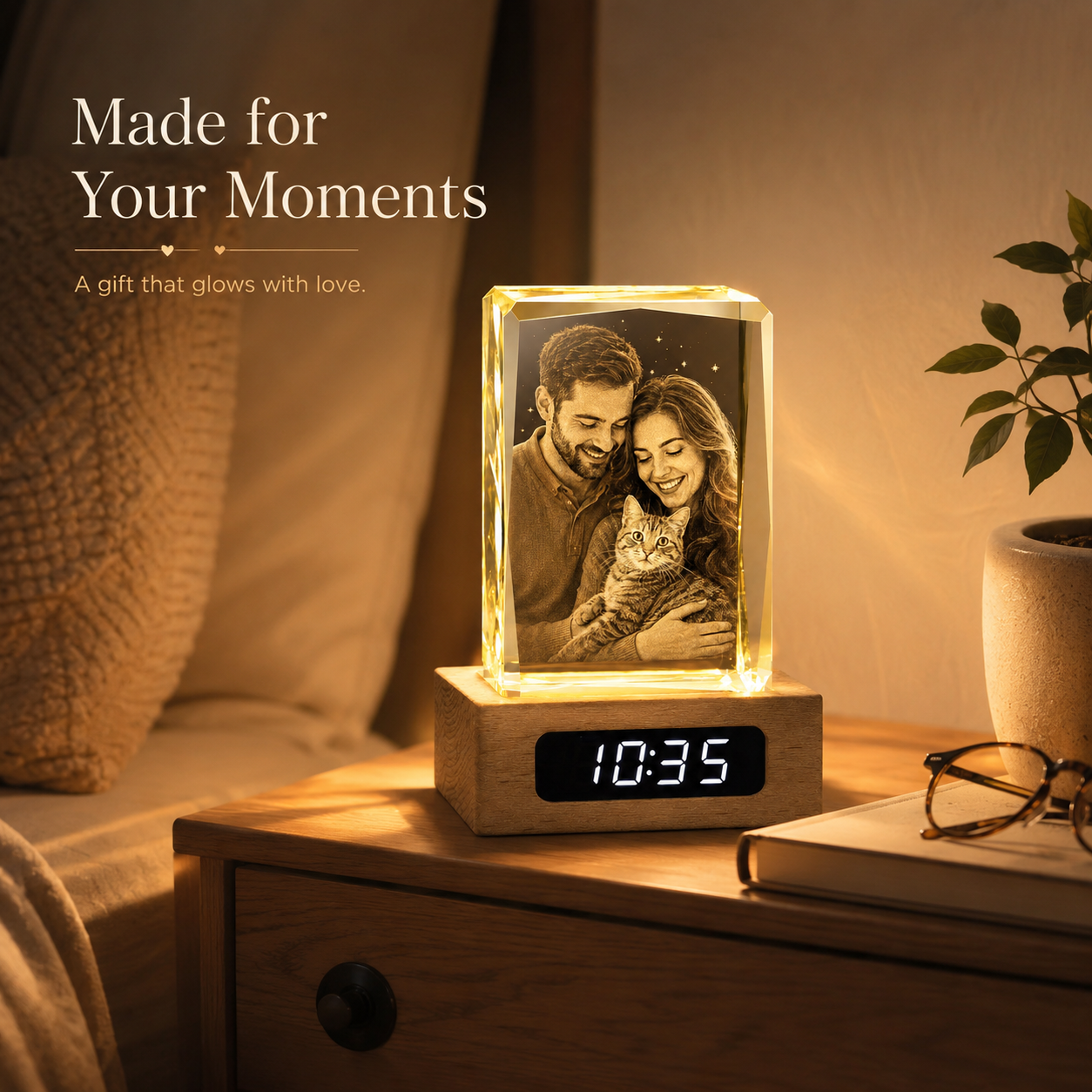 Custom 3D Crystal Photo Keepsake with Lighted Clock Wood Base