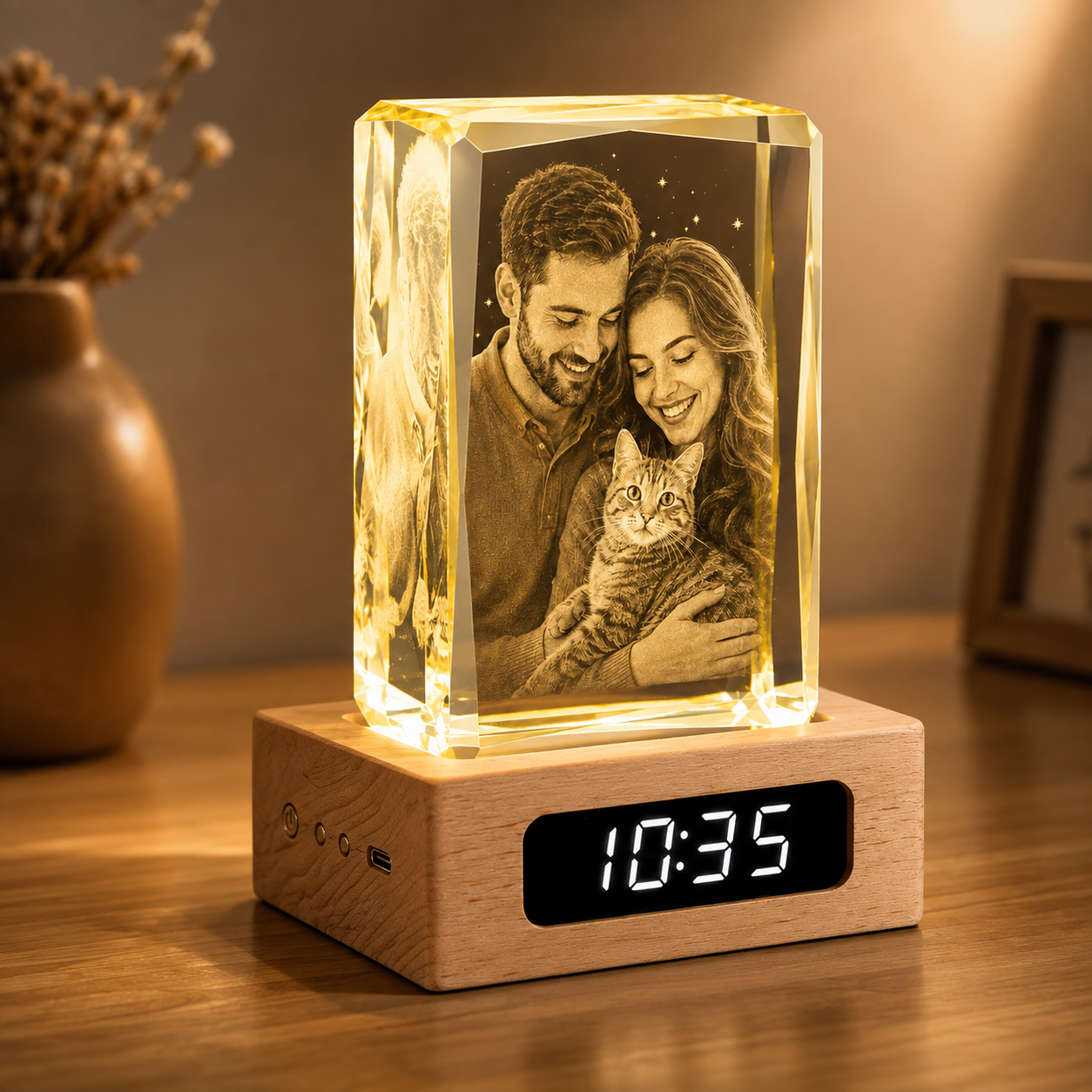Custom 3D Crystal Photo Keepsake with Lighted Clock Wood Base