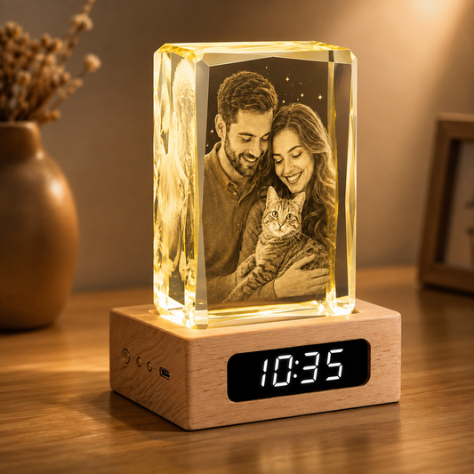 Custom 3D Crystal Photo Keepsake with Lighted Clock Wood Base