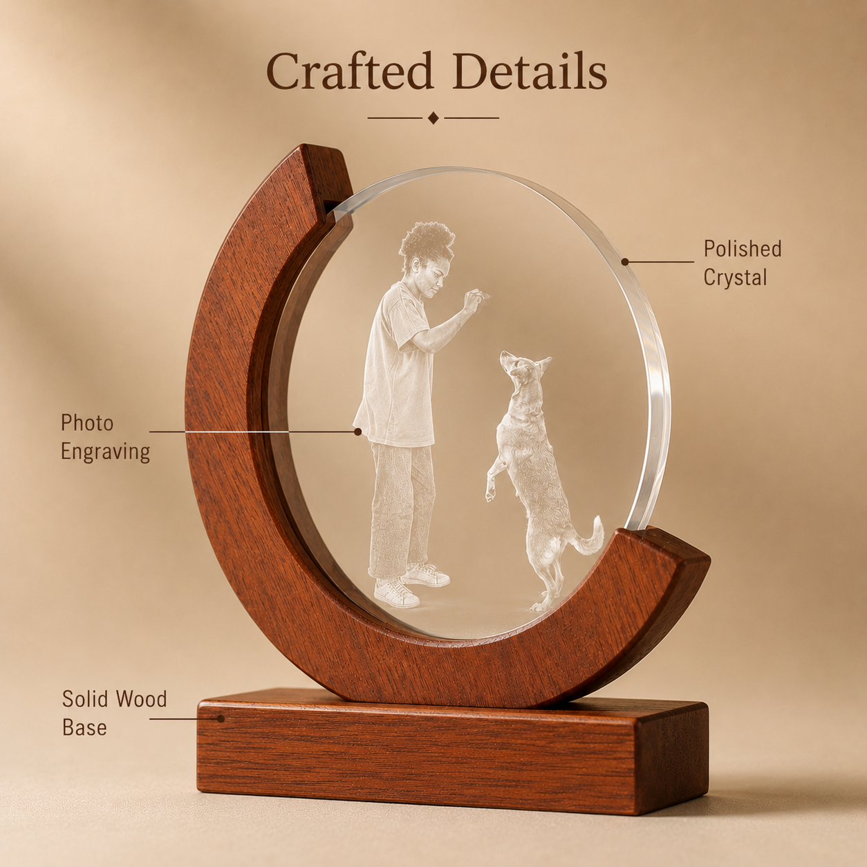 Personalized Crystal Pet Photo Keepsake with Solid Wood Base