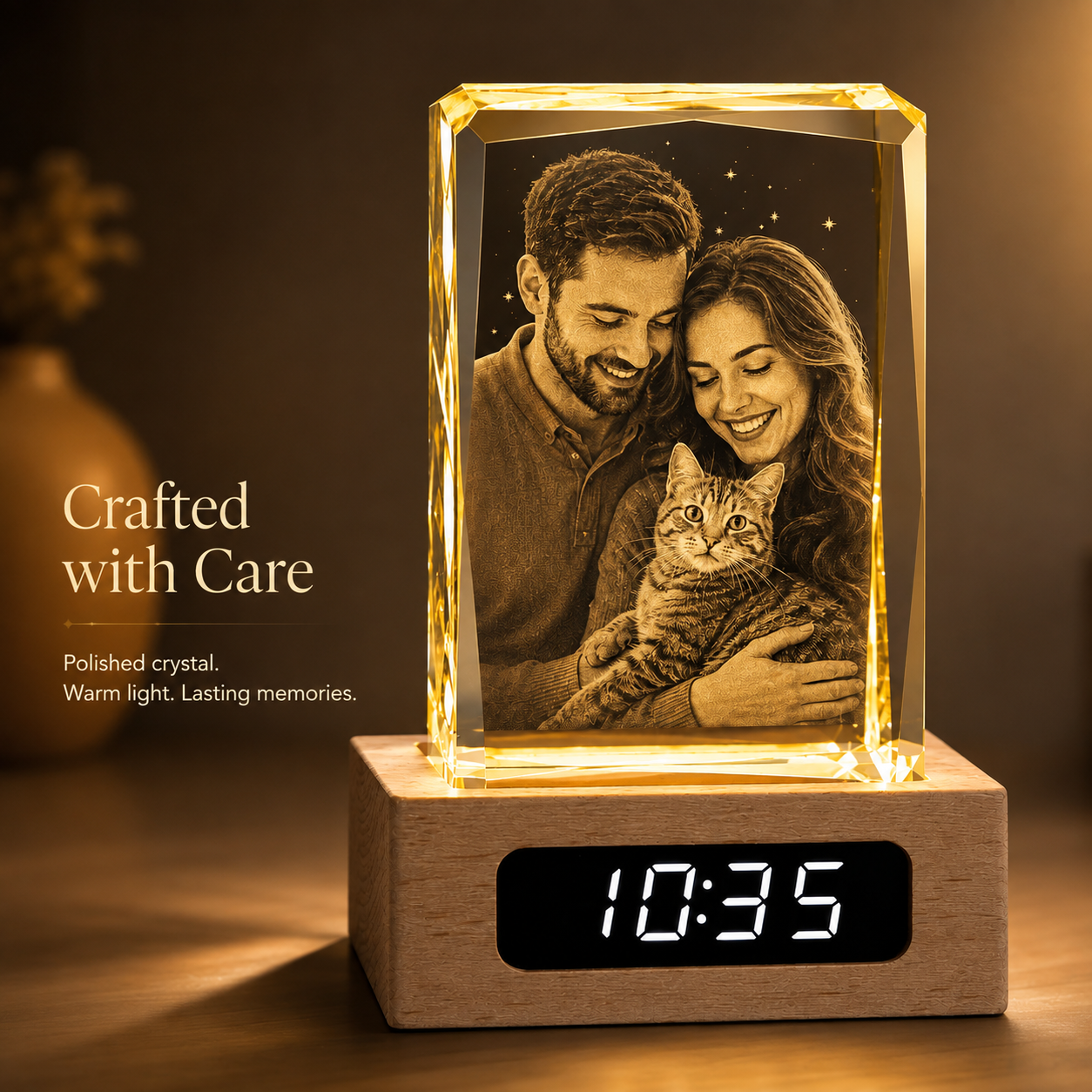 Custom 3D Crystal Photo Keepsake with Lighted Clock Wood Base