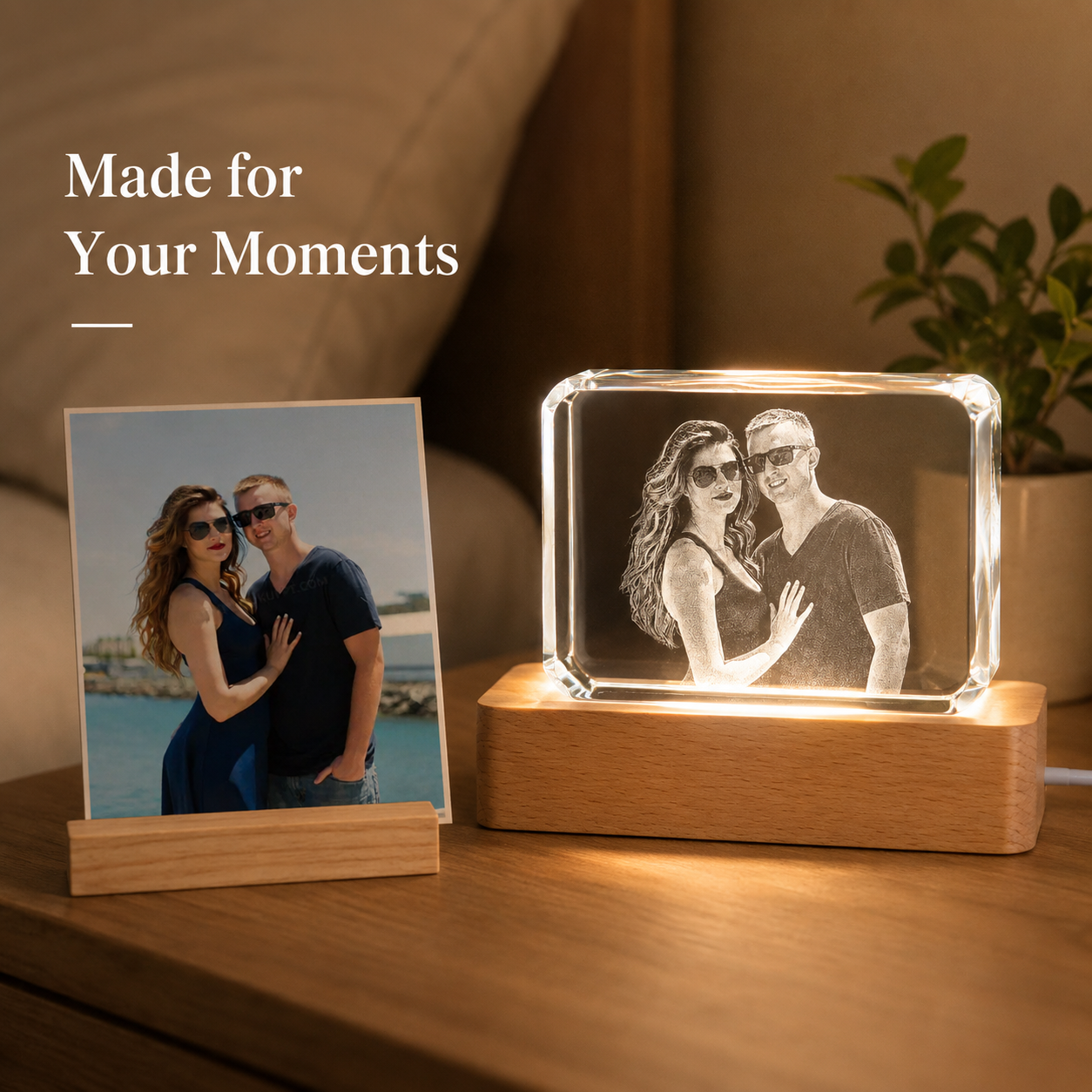 Personalized 3D Crystal Photo Keepsake with LED Beech Wood Base