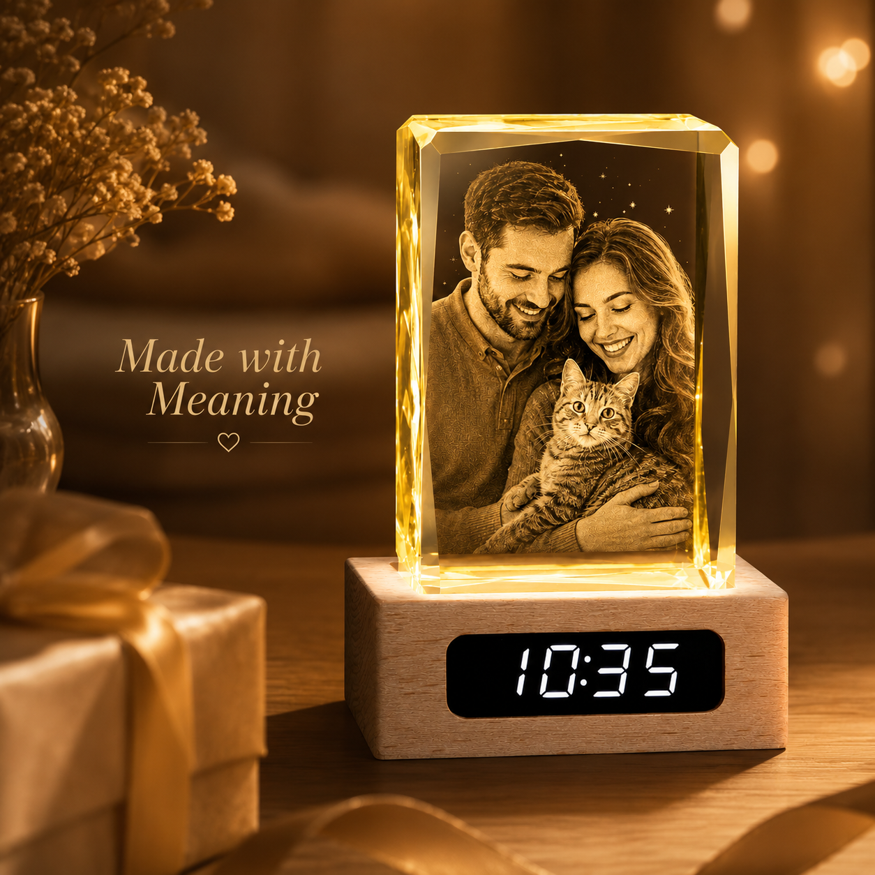 Custom 3D Crystal Photo Keepsake with Lighted Clock Wood Base