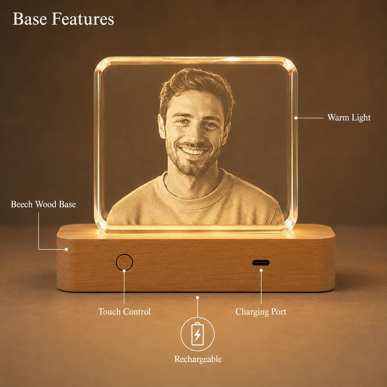 Personalized 3D Crystal Photo Keepsake with LED Wood Base