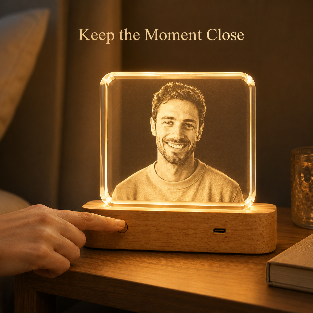 Personalized 3D Crystal Photo Keepsake with LED Wood Base