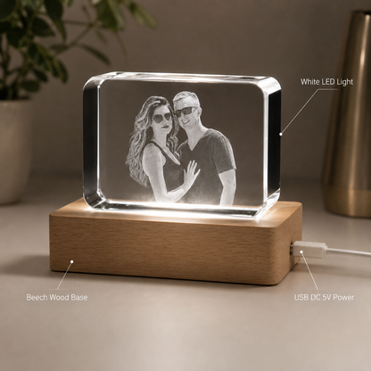 Personalized 3D Crystal Photo Keepsake with LED Beech Wood Base