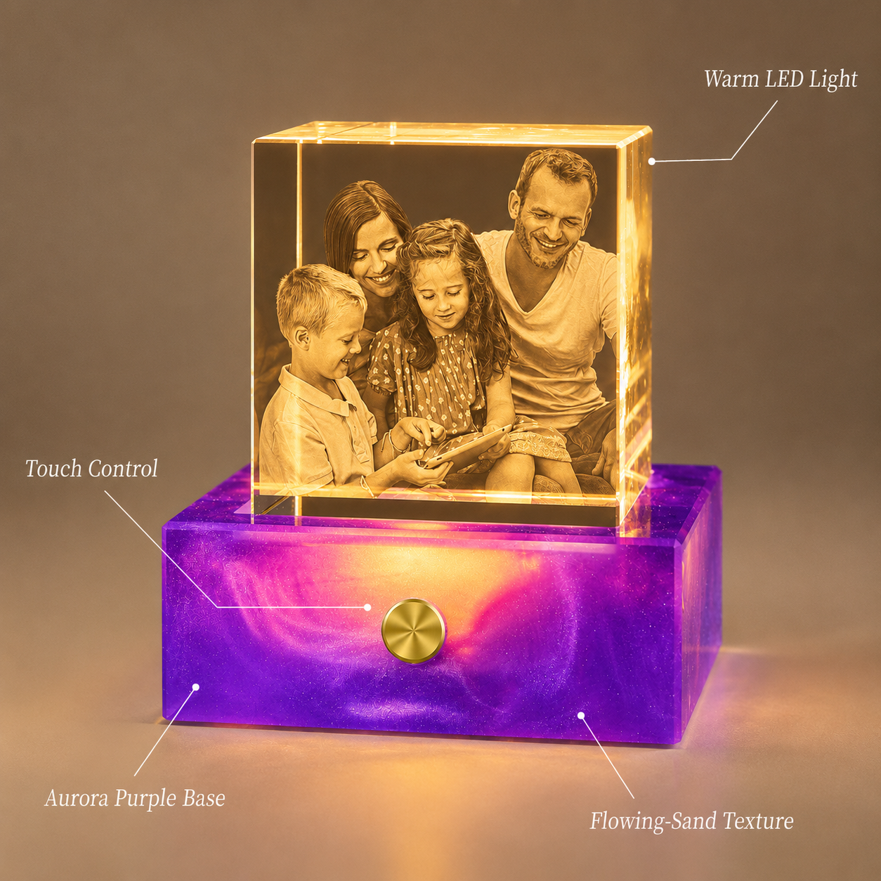 Custom 3D Crystal Photo Night Light with Aurora Purple Base