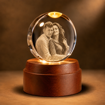Personalized 3D Crystal Photo Night Light with Sapele Wood Base