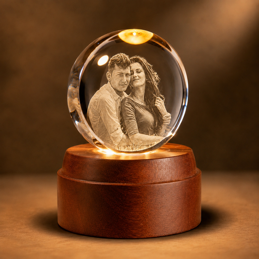 Personalized 3D Crystal Photo Night Light with Sapele Wood Base