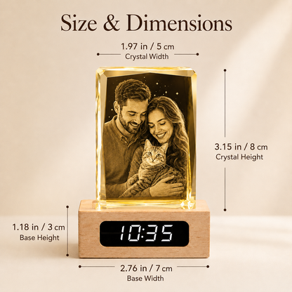 Custom 3D Crystal Photo Keepsake with Lighted Clock Wood Base
