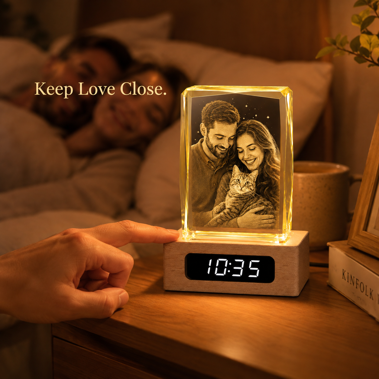 Custom 3D Crystal Photo Keepsake with Lighted Clock Wood Base