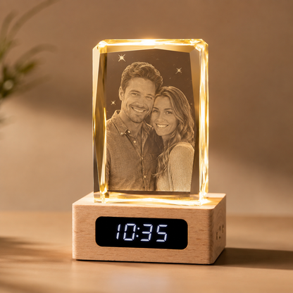 Personalized 3D Crystal Couple Photo Clock with Wood Base