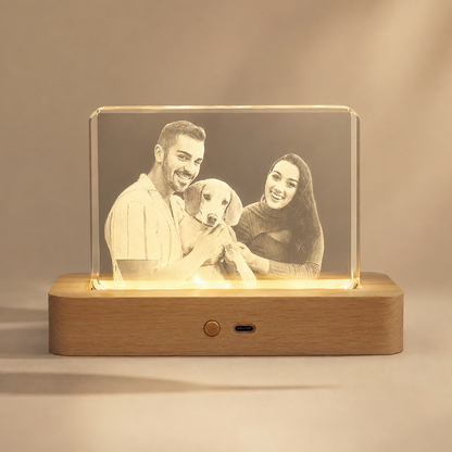 Custom 3D Crystal Pet Photo Memorial with LED Wood Base