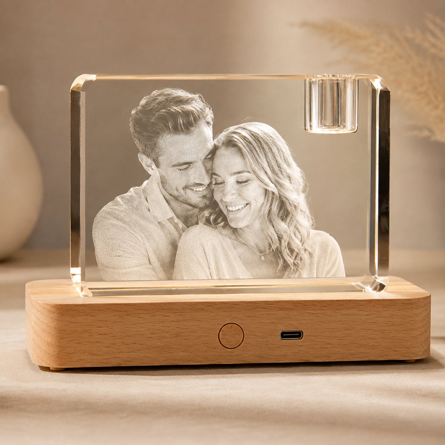 CouplePersonalized 3D Crystal Photo Keepsake with Lighted Wood Base