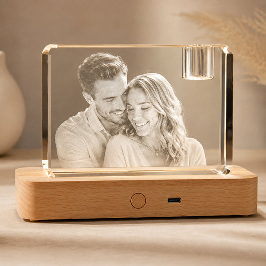 CouplePersonalized 3D Crystal Photo Keepsake with Lighted Wood Base