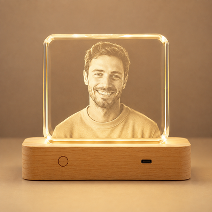 Personalized 3D Crystal Photo Keepsake with LED Wood Base