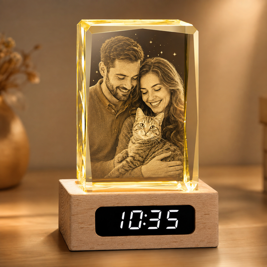 Custom 3D Crystal Photo Keepsake with Lighted Clock Wood Base