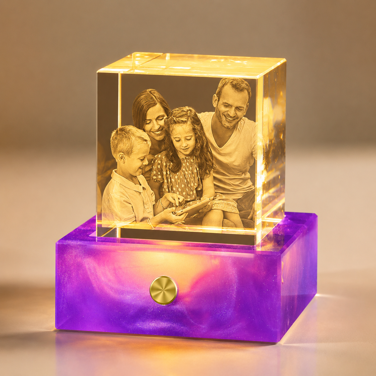 Custom 3D Crystal Photo Night Light with Aurora Purple Base