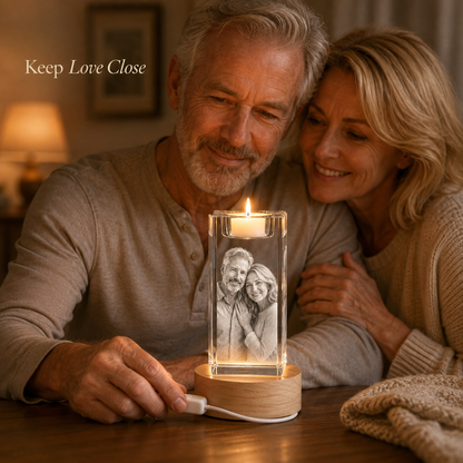 Personalized 3D Crystal Photo Candle Holder with Wood Base