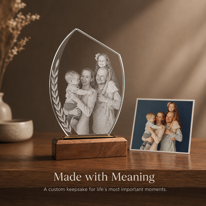 Personalized Crystal Family Photo Keepsake with Solid Wood Base