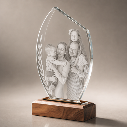 Personalized Crystal Family Photo Keepsake with Solid Wood Base