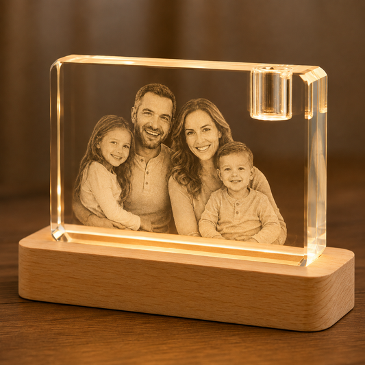 Custom 3D Crystal Photo Keepsake with Lighted Wood Base