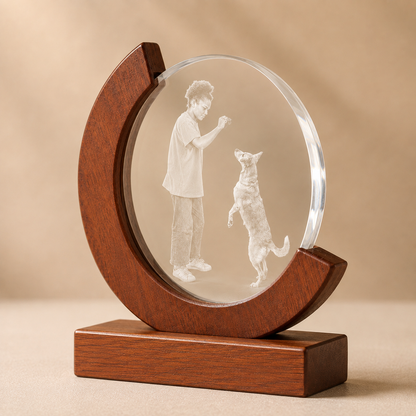 Personalized Crystal Pet Photo Keepsake with Solid Wood Base