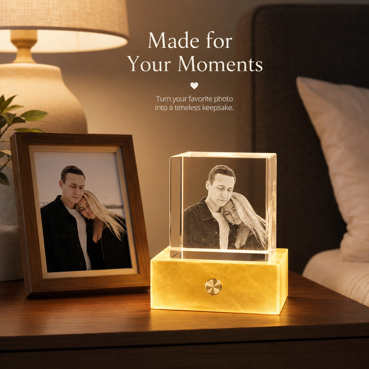 Personalized 3D Crystal Photo Night Light with Touch Base