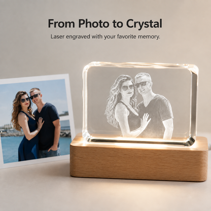 Personalized 3D Crystal Photo Keepsake with LED Beech Wood Base