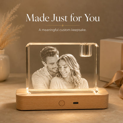 CouplePersonalized 3D Crystal Photo Keepsake with Lighted Wood Base
