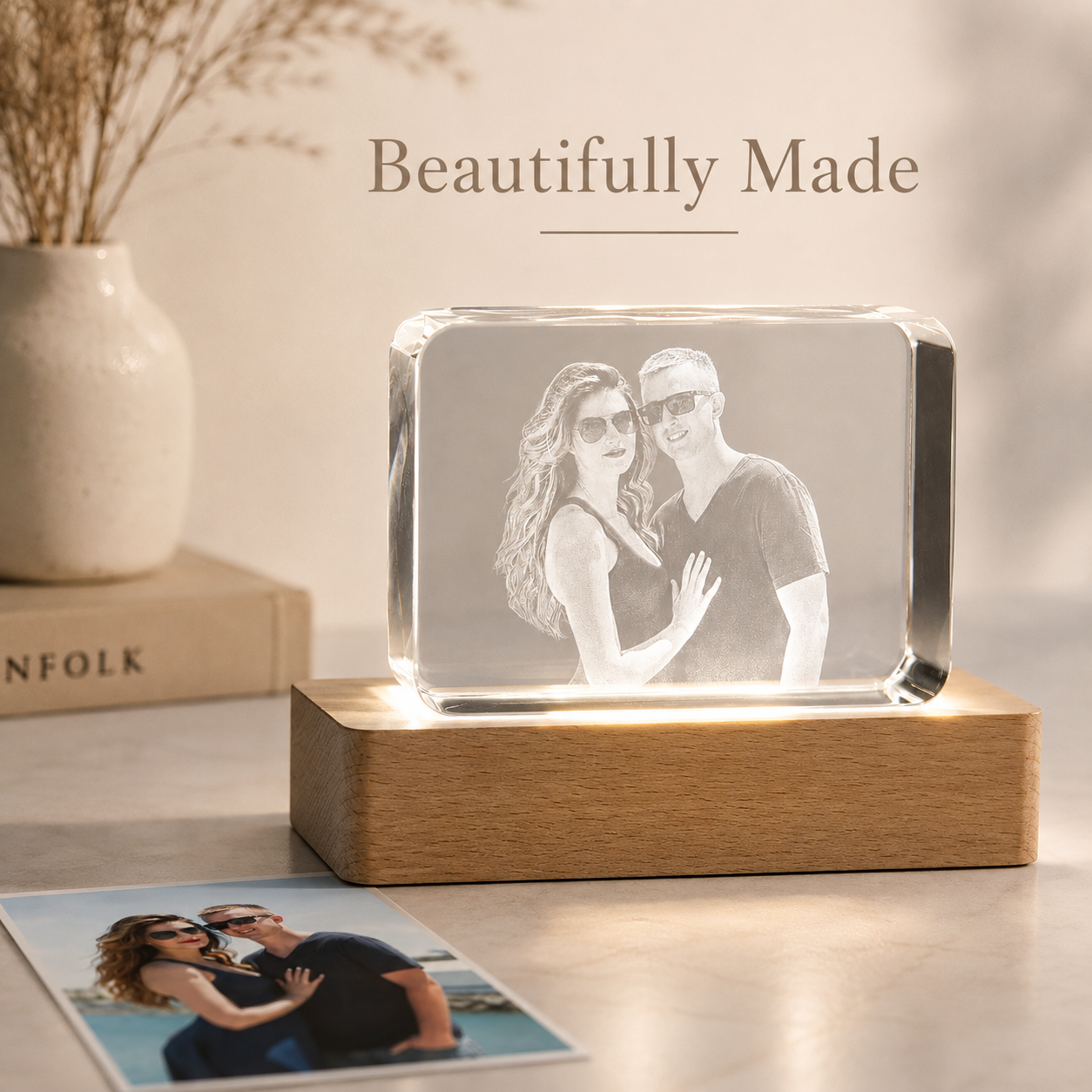 Personalized 3D Crystal Photo Keepsake with LED Beech Wood Base
