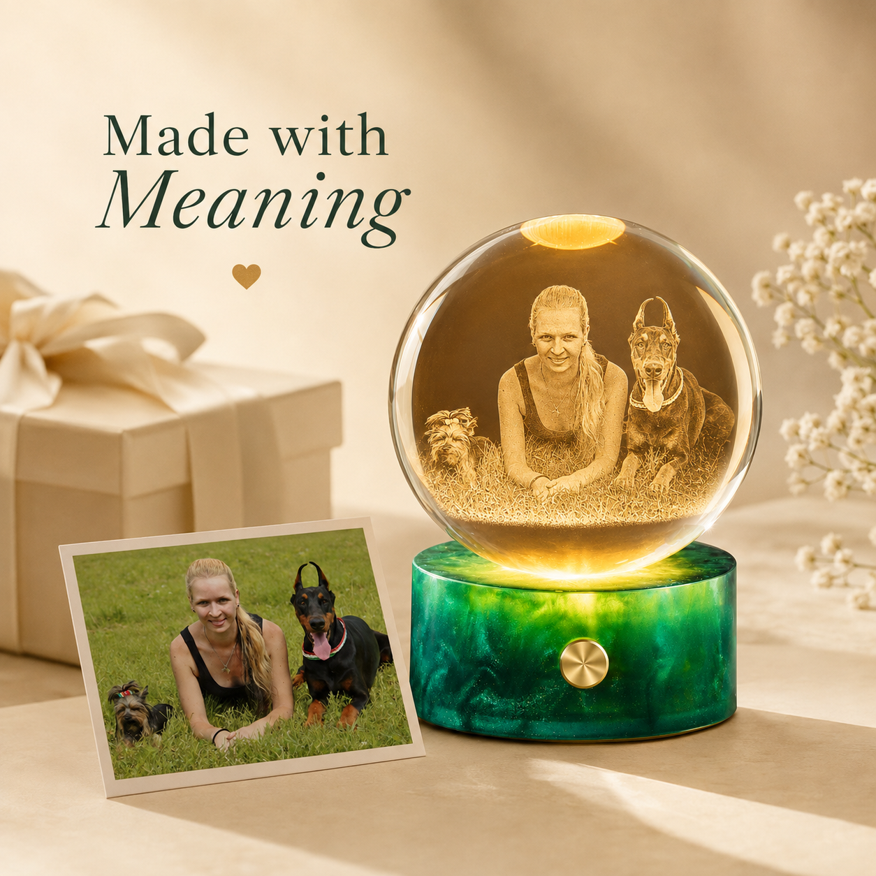 Personalized 3D Crystal Photo Globe Night Light with Green Base