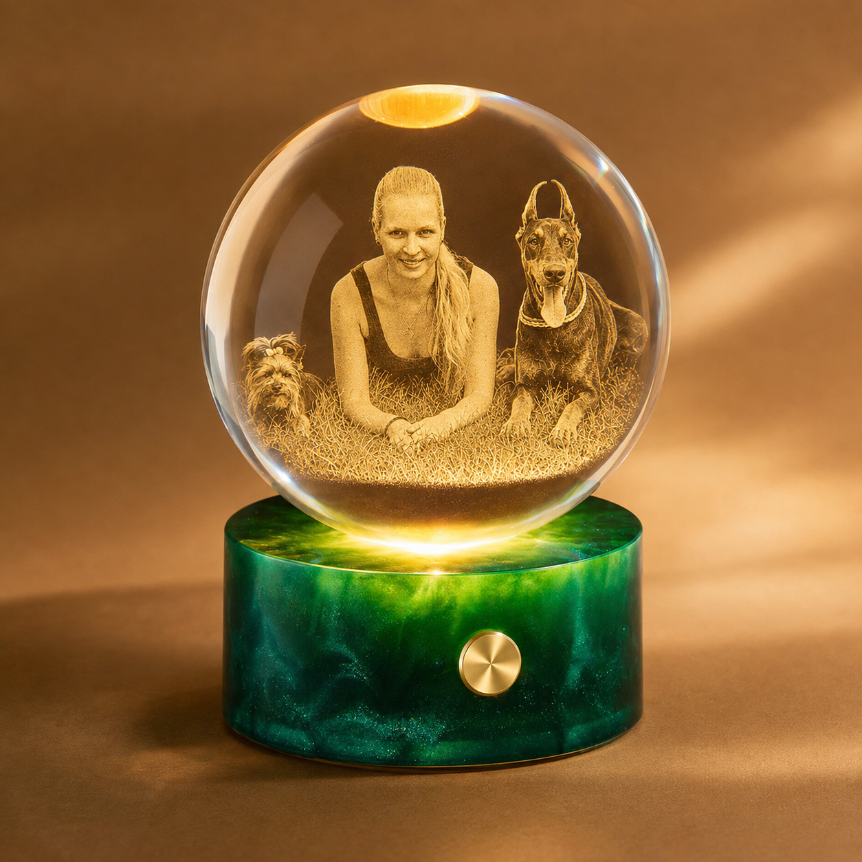 Personalized 3D Crystal Photo Globe Night Light with Green Base