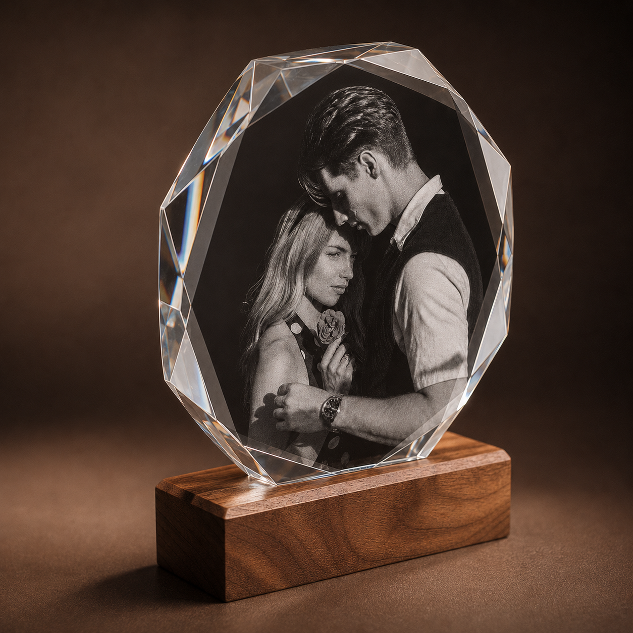 Personalized Crystal Photo Plaque with Solid Walnut Wood Base