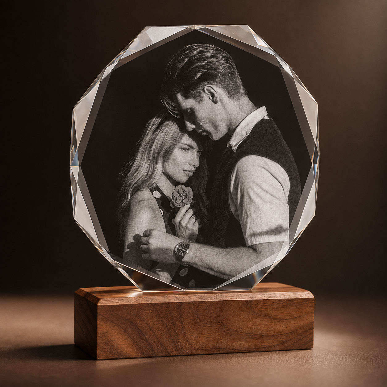 Personalized Crystal Photo Plaque with Solid Walnut Wood Base