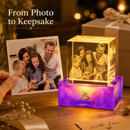 Custom 3D Crystal Photo Night Light with Aurora Purple Base