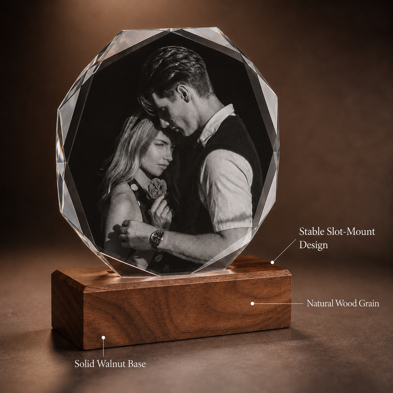 Personalized Crystal Photo Plaque with Solid Walnut Wood Base