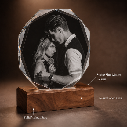 Personalized Crystal Photo Plaque with Solid Walnut Wood Base