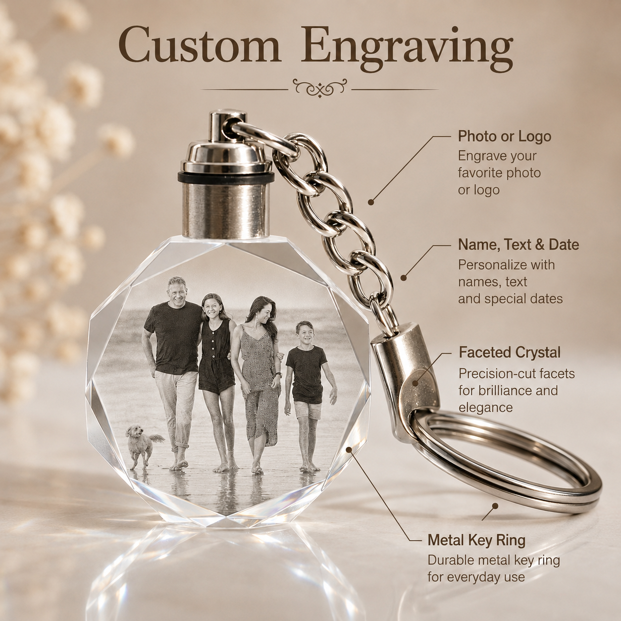 Personalized Octagon Crystal Keychain with Custom Photo or Logo