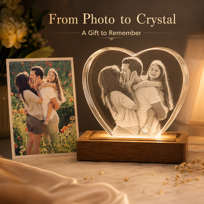 Personalized Heart-Shaped 3D Crystal Photo Gift with LED Wood Base
