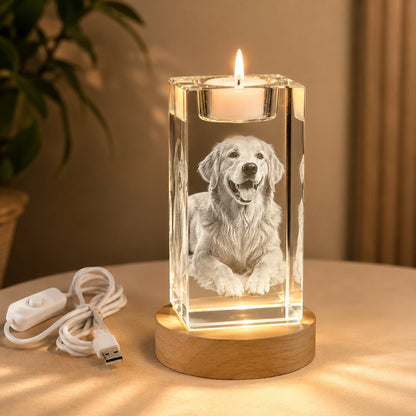 Custom 3D Pet Photo Crystal Memorial Candle Holder with Wood Base
